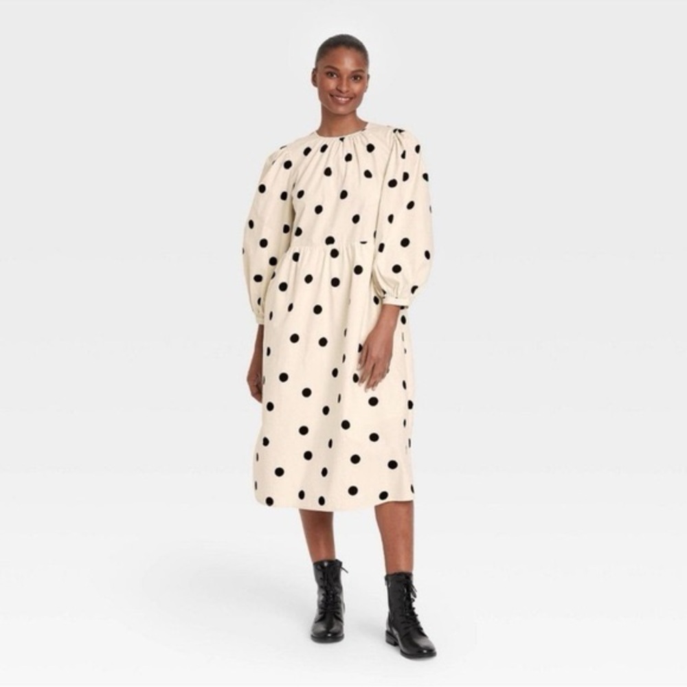 Who What Wear Cream Midi Dress with Black Polka Dots
